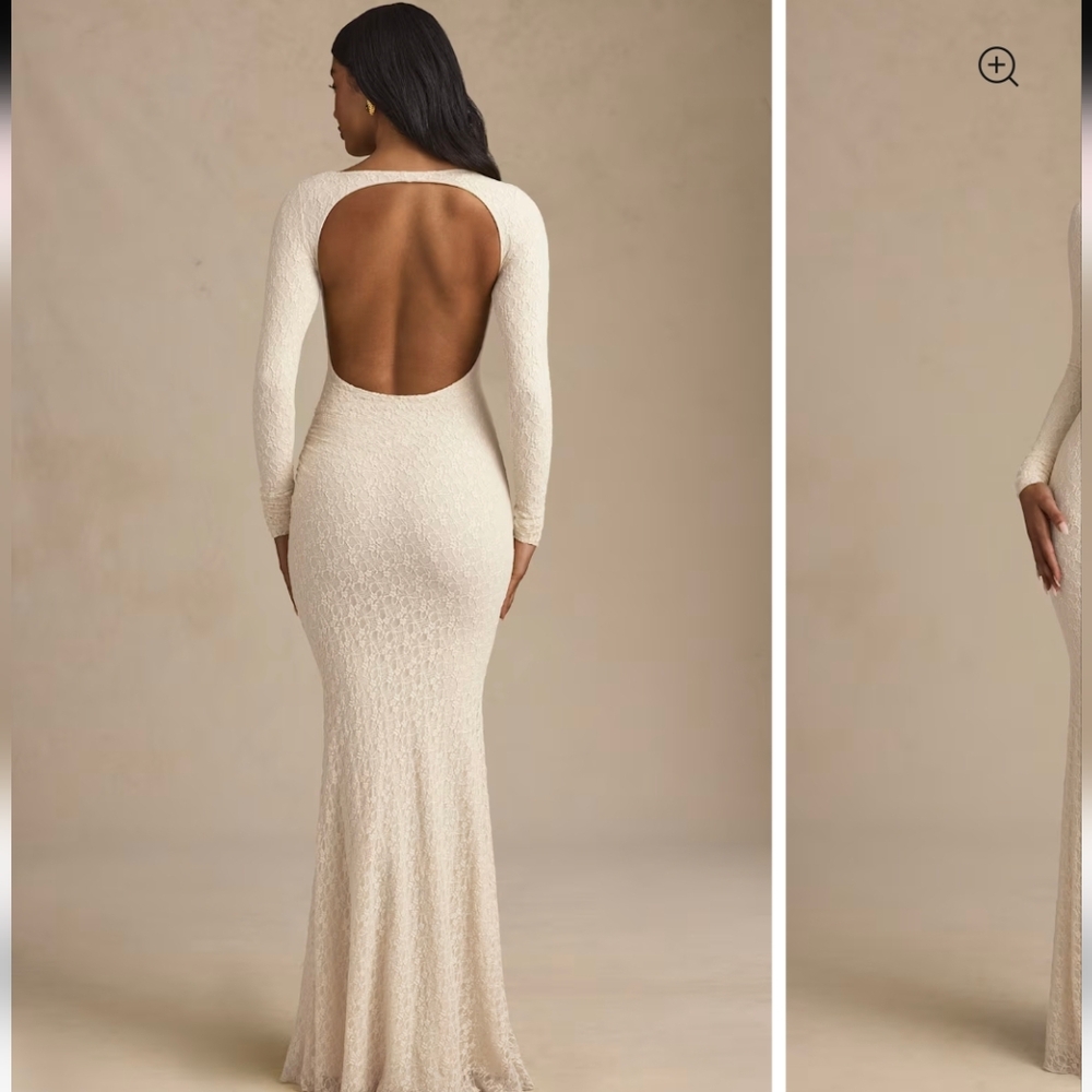 NWT Oh Polly Tarini Ruched Backless Lace Maxi Dress in Ivory, Size S - Picture 5 of 11